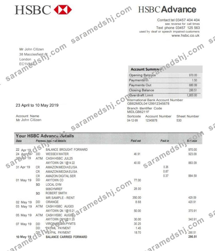 United Kingdom HSBC bank proof of address statement template in PSD format, fully editable